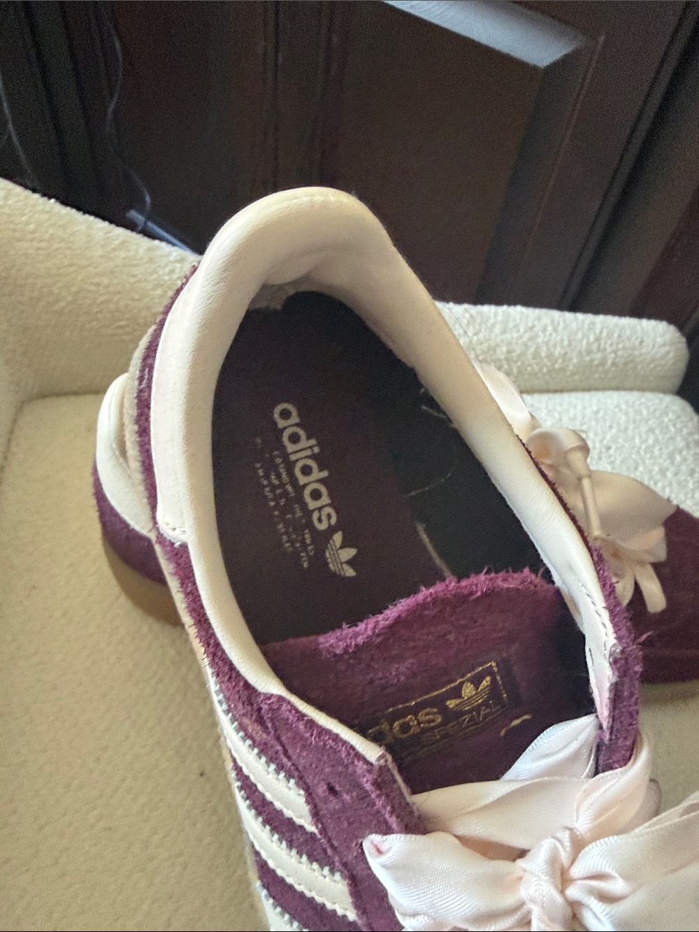 adidas spezial Burgundy Suede Sneakers with light Pink Ribbon Laces - Picture 2 of 7